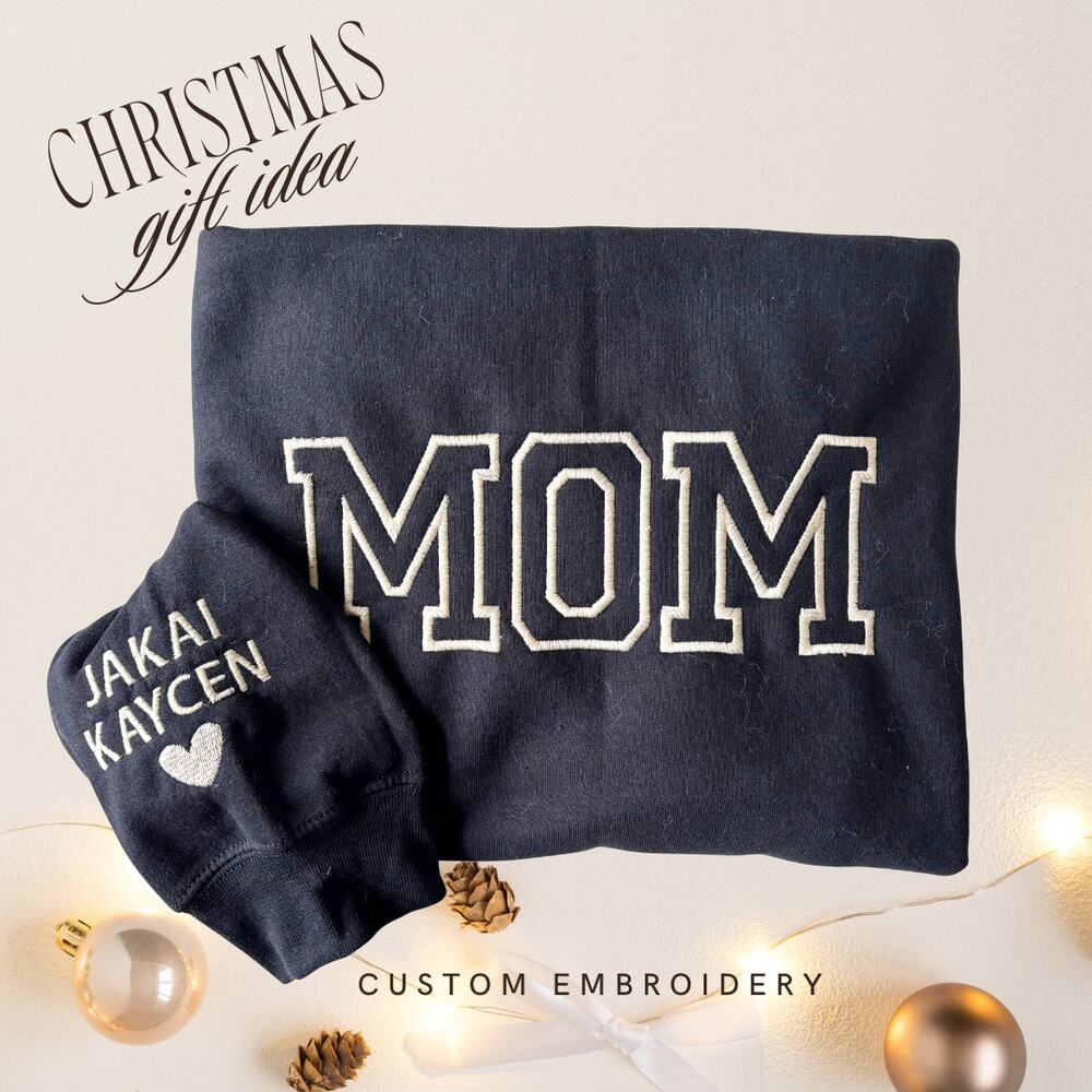 Custom Embroidered Mom Sweatshirt | Kids’ Names & Heart on Sleeve